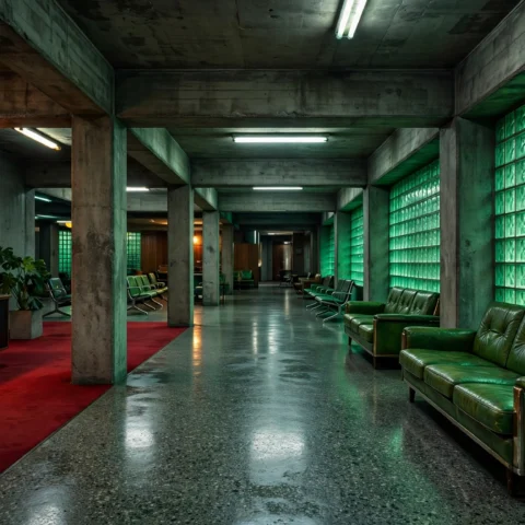 Brutalist Elegance: Glass Block Walls, Concrete Textures, and Retro Interiors