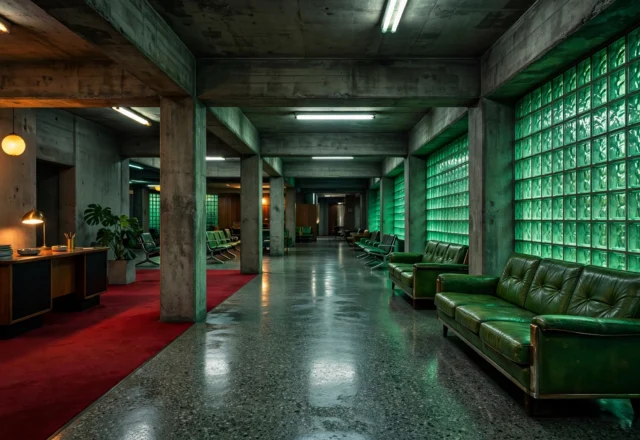 Brutalist Elegance: Glass Block Walls, Concrete Textures, and Retro Interiors