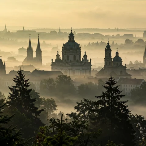 Mists of Dawn: Architectural Silhouettes over the European Horizon