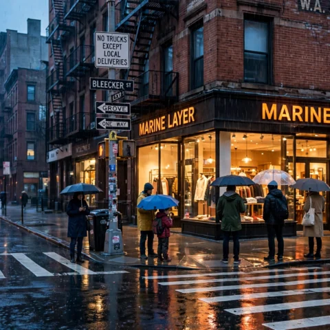 Rain-Slicked Corner Storefronts and Warm Urban Reflections