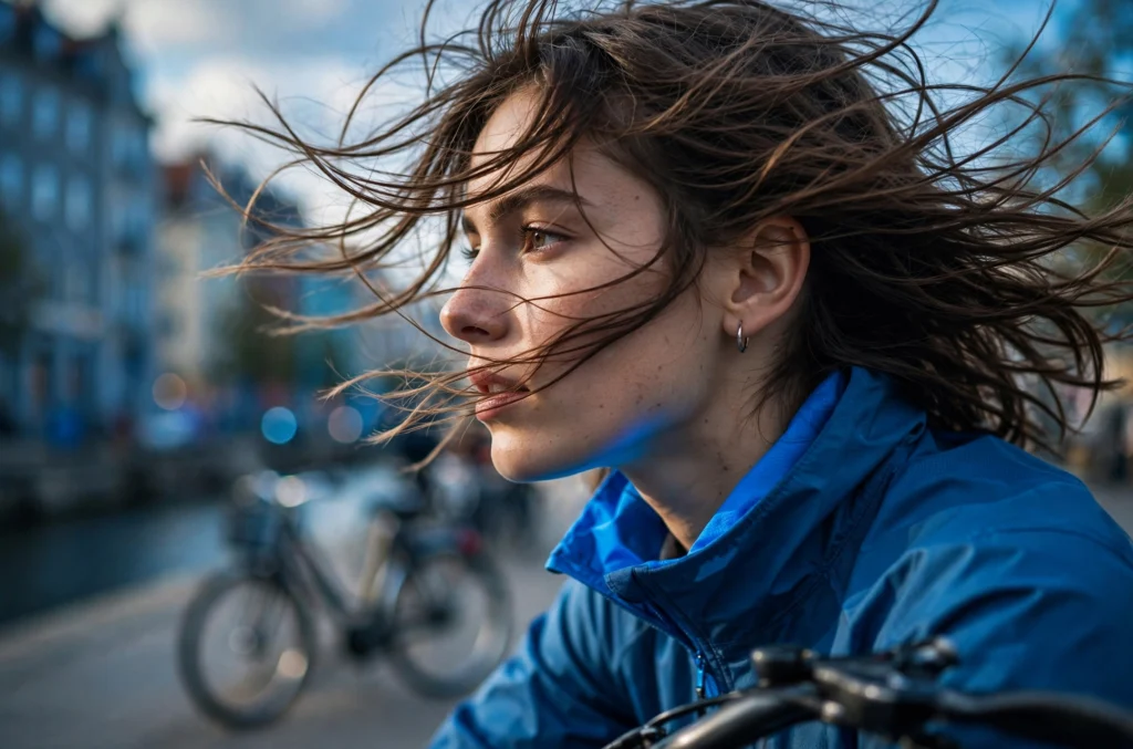 A young woman with her hair blowing in the wind while riding a bicycle through a city street, wearing a blue jacket with a blurred urban background